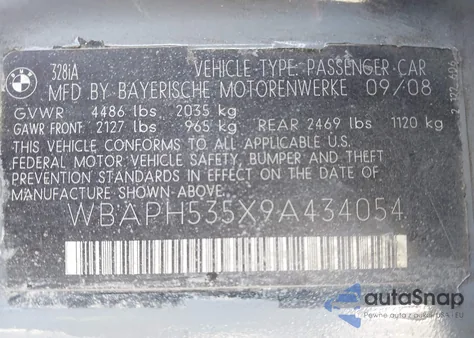 2009 BMW 328I z USA, uszkodzony, nr VIN WBAPH535X9A434054